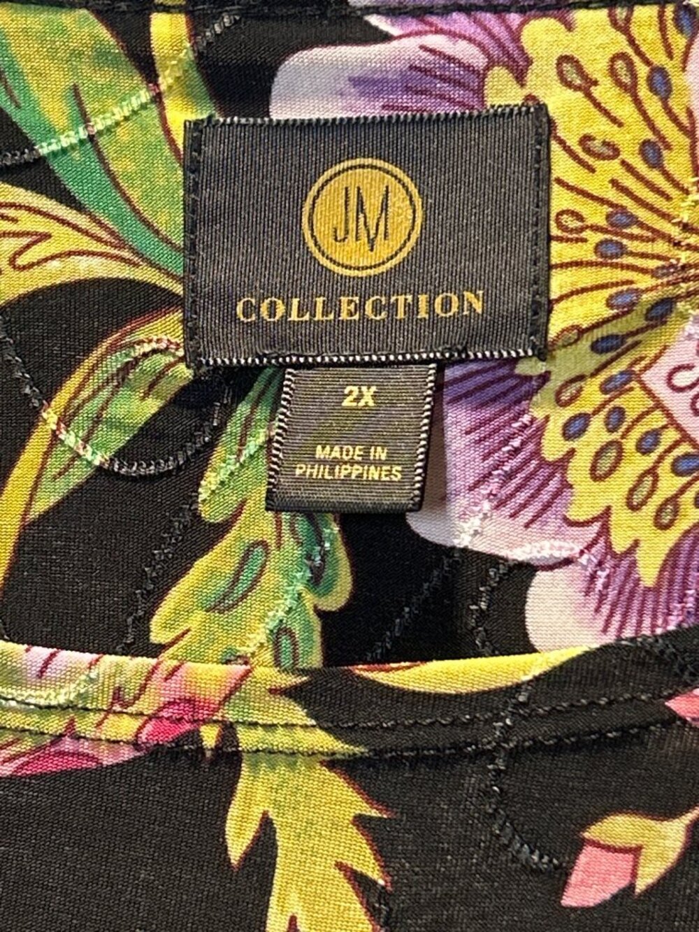 JM Collection Womens 2X Jacquard Floral Print 3/4 Sleeve Top In Deep Black - Picture 8 of 9